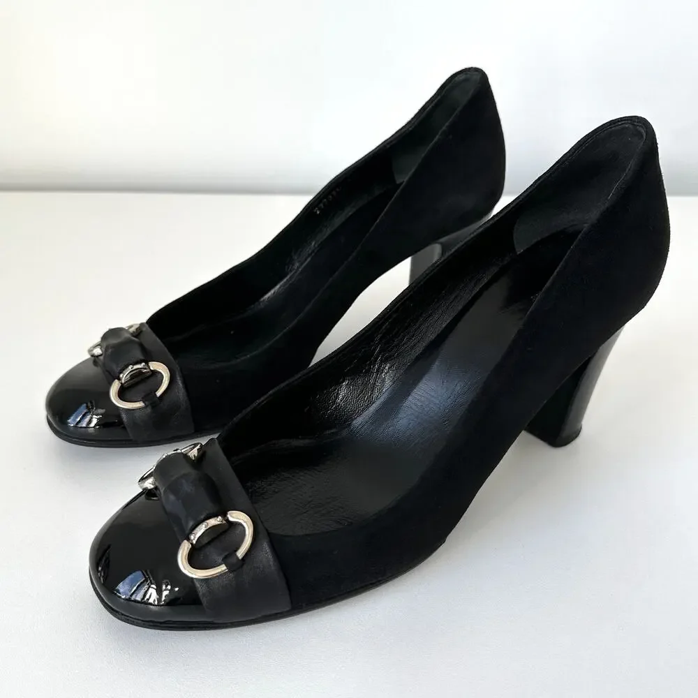 Gucci Classic Black Suede Pumps Bamboo Horsebit Cap Toe IT 39